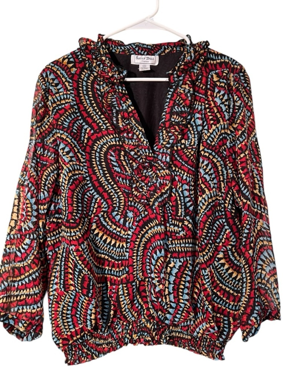 Vintage Sassy Doll Creations Womens Plus Size 2X Blouse Black Red Blue Geometric